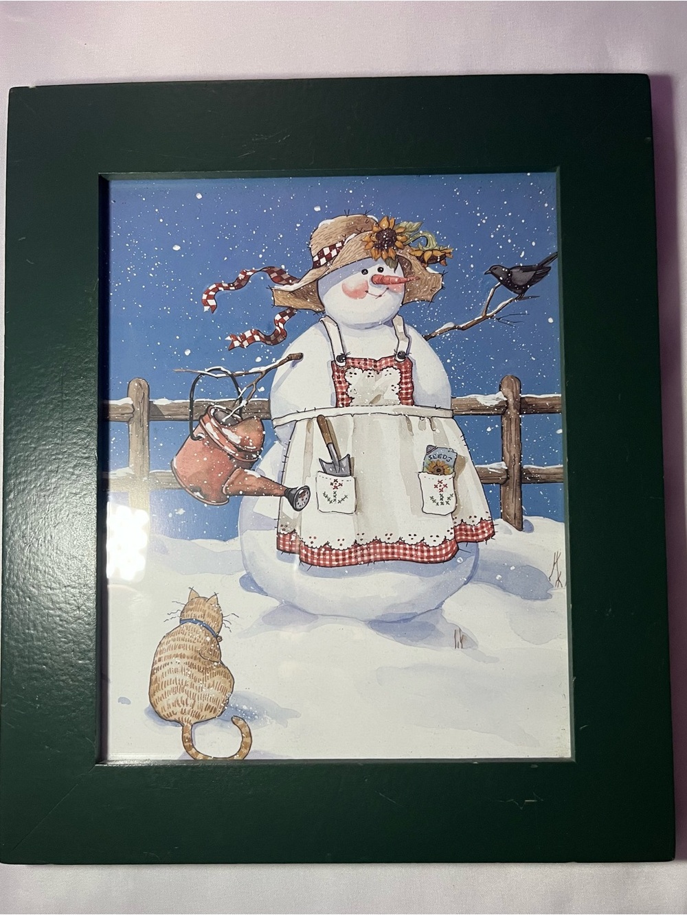 Vintage Christmas Snowman & Cat Framed Print Winter Decor 8.5” x 10.5”